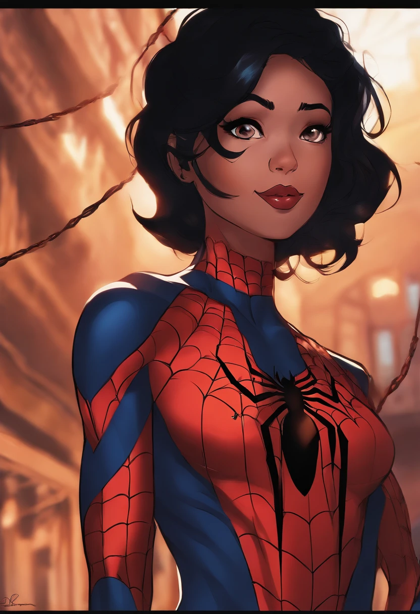 Marvel Comic Panel: A boy with black eyes, piercings, short black hair with black and red spiderman suit in a city with a fixed gaze