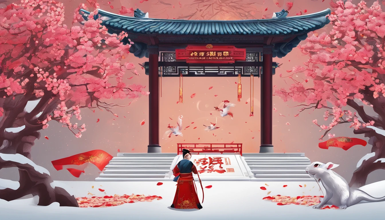 In the plum grove,Falling petals and snow are the background,Bright lighting,The zodiac rat is the subject,Wearing Tang dynasty costumes,Red firecrackers,Chinese knot