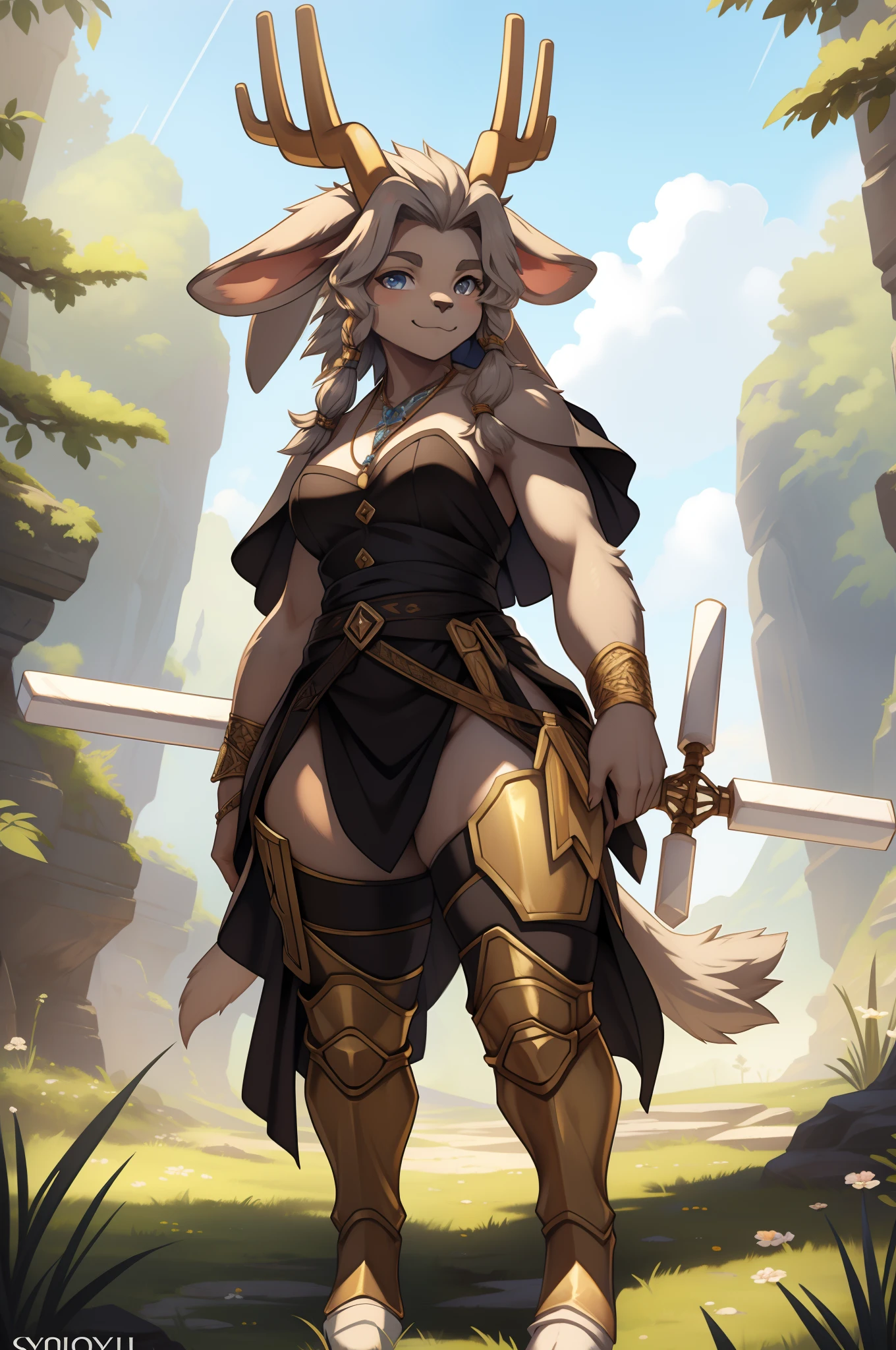 sybil,jackalope, antlers, sexy pose, tail,grey fur, lagomorph, a beautiful and detailed masterpiece, honovy hioshiru personalami,((bangs)),((floppy ears)), outside, national park,smile, jewelry, bracelets, ((thick thighs)) cute, petite,solo,hair,athletic,sexy,looking at viewer, weapon, , leg armor, greaves, feet, holding weapon black cloths, corsept, medium breast