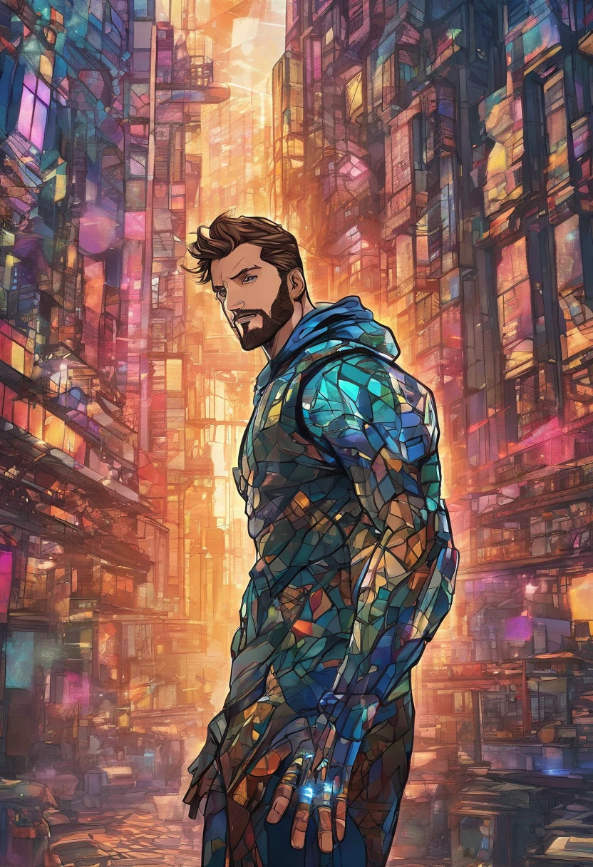 (best quality, highres, ultra-detailed, realistic:1.37), male with brown ponytail, has a light beard, wearing a sleeveless hoodie, mecha arms with crackling energy, superhero aesthetic, detailed facial features, intense expression, muscular physique, futuristic city backdrop, dynamic pose, vibrant colors, strong shadows, dramatic lighting