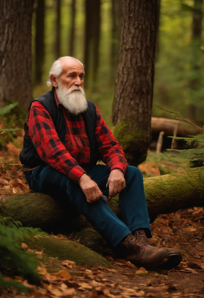 elderly lumberjack; sir resting; old man sitting; older man in the forest