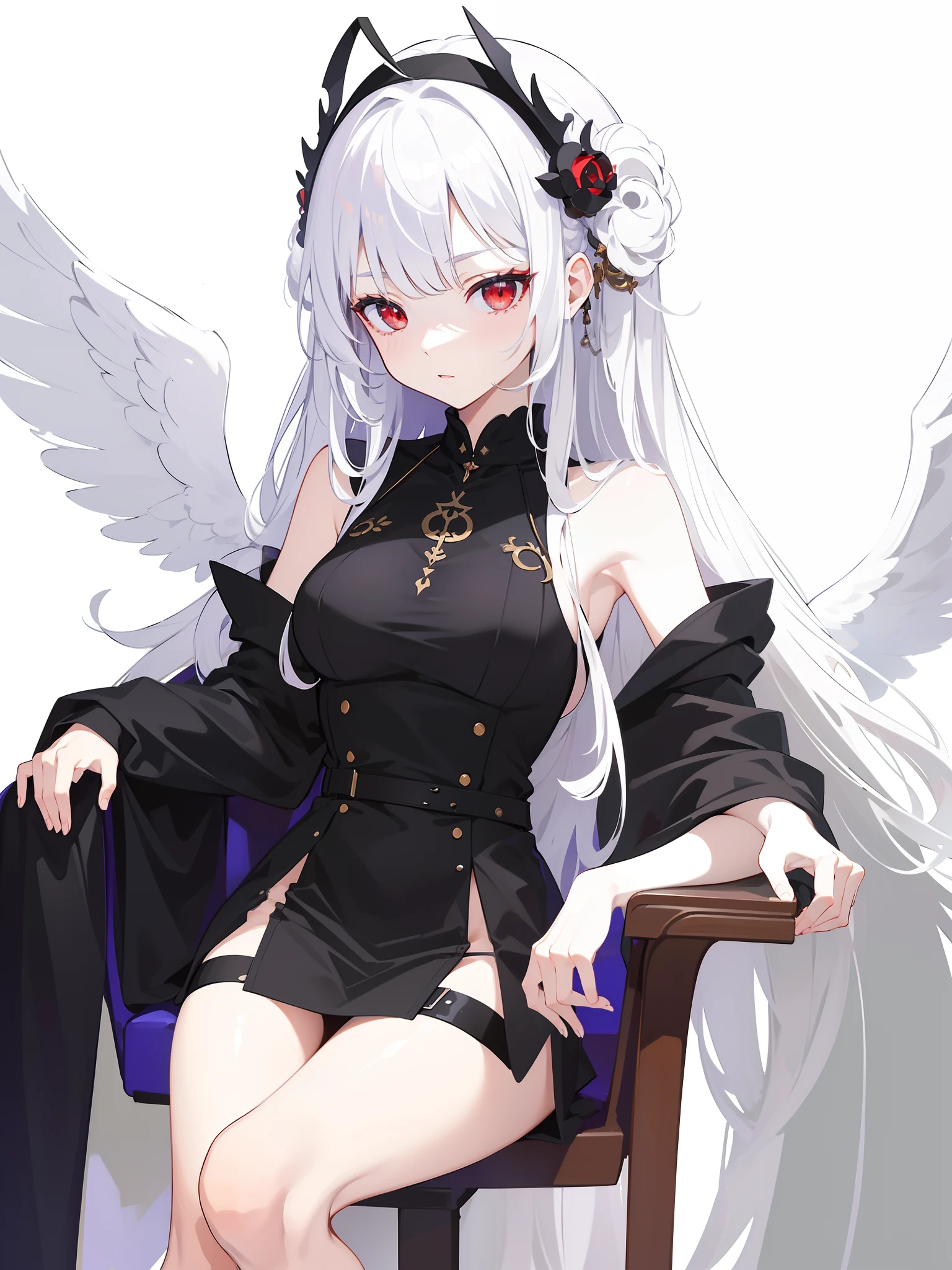 masterpiece,(bestquality),highlydetailed,ultra-detailed,1girl,bishoujo,stare,red eyes,beautiful detailed eyes,long hair,white hair,silver_hair,Wing-like bangs，Dull hair,ahoge,Hair rings,braid, cold, in a chair