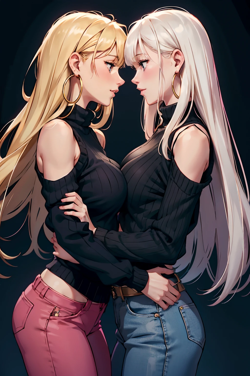 Very detailed、Highest quality、Best image quality、masterpiece、8k、(Two women standing side by side:1.5)、(shoulder-length blonde hair:1.5、Medium Long Hair)、(smile、Open Mouth) 、(Hilarious)、(Big eyes)、(Beautiful and shining eyes)、(Detailed anime eyes)、(Puffy eyes)、(Big Breasts:2、topless:1.5、only breasts are in full view :1.5、bare breasts:1.5 、bare nipples:1.5、 thick nipples、erection of nipple、pepperoni nipple、necklace)、((SFW Huge Body))、(Black highleg panties)、(Full body portrait、Standing posture、foot、barefoot)
