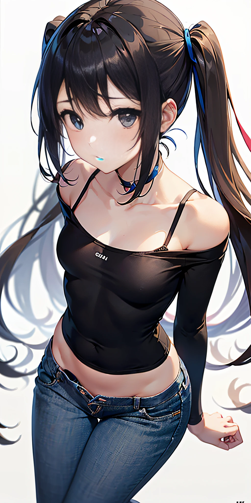 ((anime, anime profesional, una joven delgada y bien dotada con ojos marrones y cabello corto de color azul claro y flequillo enmarcando su rostro, Lleva un adorno azul en el lado izquierdo de su cabeza, lleva una capa sujetada por un clip en forma de estrella, con protuberancias plumosas alrededor de su pecho, hombros y parte media de la espalda, sobre su blusa y pantalones super cortos. La capa se abre a sus pies, donde se divide en secciones fluidas aseguradas por cintas. Lleva un par de calcetas color negro que le llegan hasta la mitad del muslo))