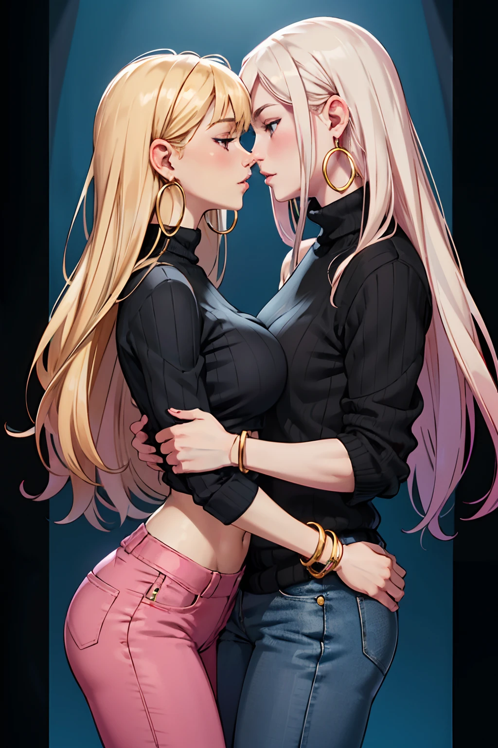 A girl, blonde long hair, big boobs, pink top, blue pants, hoop bracelets, hoop earrings. Kissing a girl with pale skin, black long hair with bangs, small boobs, black sweater, black pants