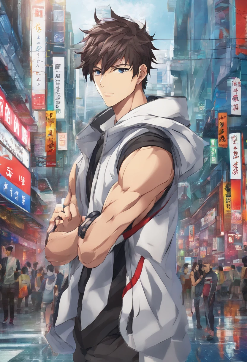 (best quality, highres, ultra-detailed, realistic:1.37), male with brown ponytail, has a light beard, wearing a sleeveless hoodie, mecha arms with crackling energy, superhero aesthetic, detailed facial features, intense expression, muscular physique, futuristic city backdrop, dynamic pose, vibrant colors, strong shadows, dramatic lighting