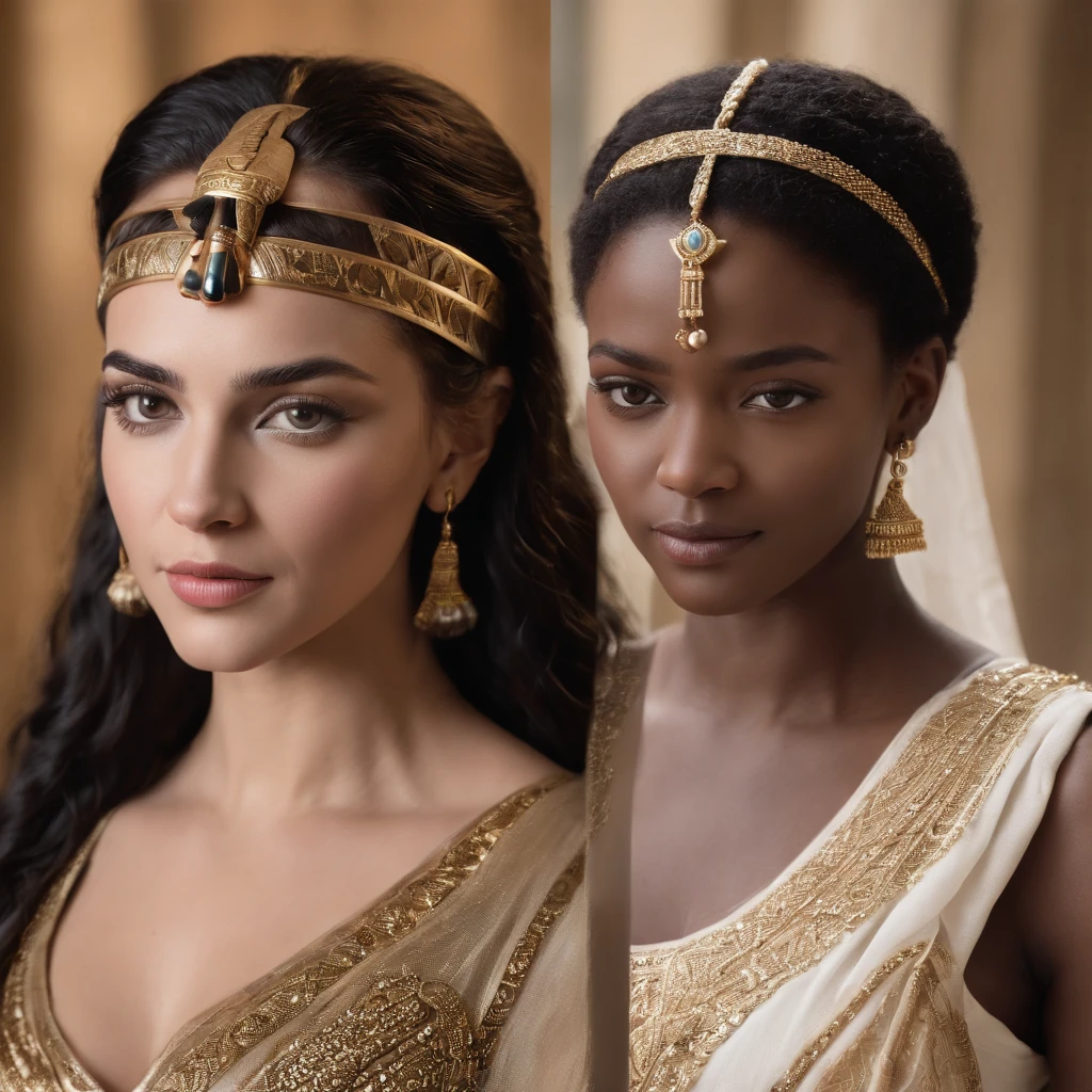 An ultra-realistic photo showing two contrasting versions of Cleopatra – one with white skin and European features, another with dark skin and African features.