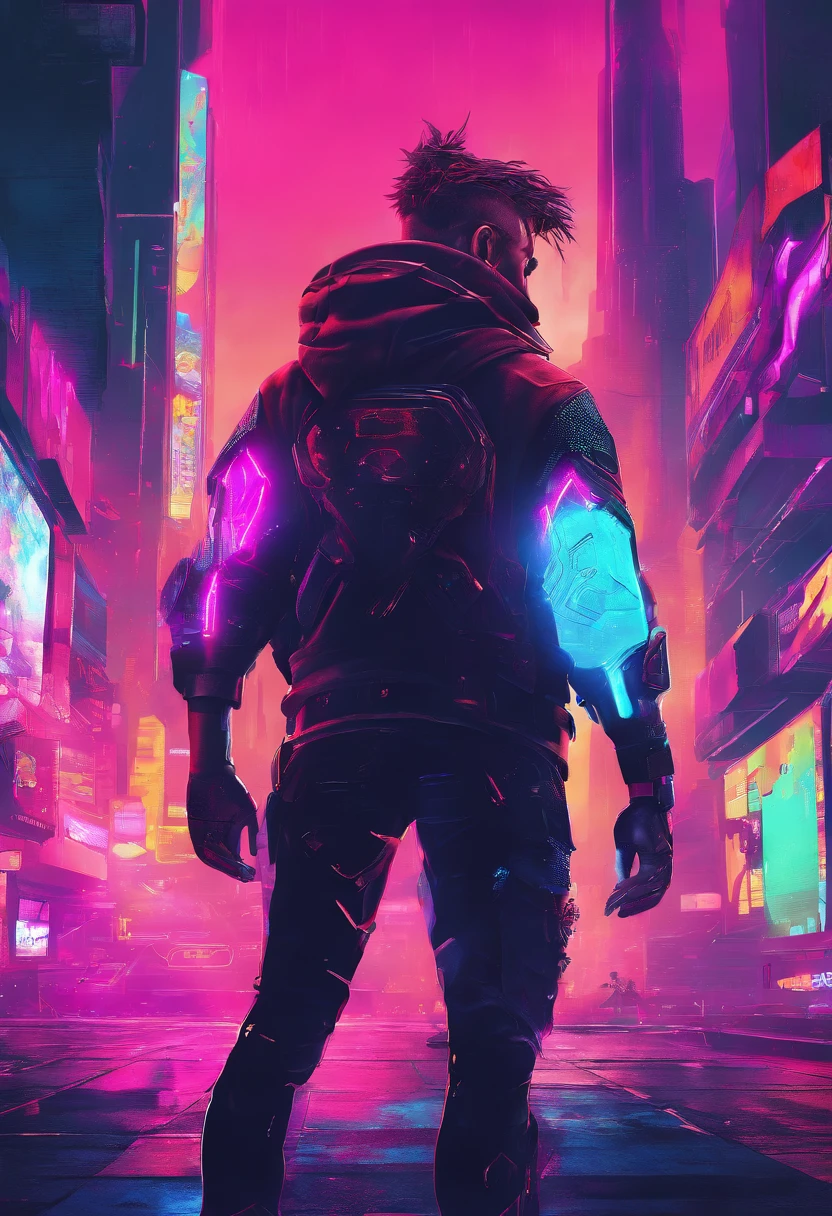 (best quality, highres, ultra-detailed, realistic:1.37), male with brown ponytail, has a light beard, wearing a sleeveless hoodie, mecha arms with crackling energy, superhero aesthetic, detailed facial features, intense expression, muscular physique, futuristic city backdrop, dynamic pose, vibrant colors, strong shadows, dramatic lighting