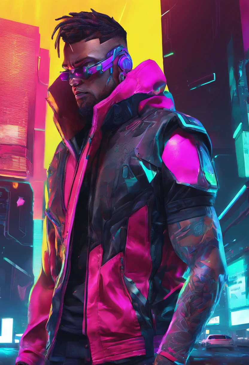 (best quality, highres, ultra-detailed, realistic:1.37), male with brown ponytail, has a light beard, wearing a sleeveless hoodie, mecha arms with crackling energy, superhero aesthetic, detailed facial features, intense expression, muscular physique, futuristic city backdrop, dynamic pose, vibrant colors, strong shadows, dramatic lighting