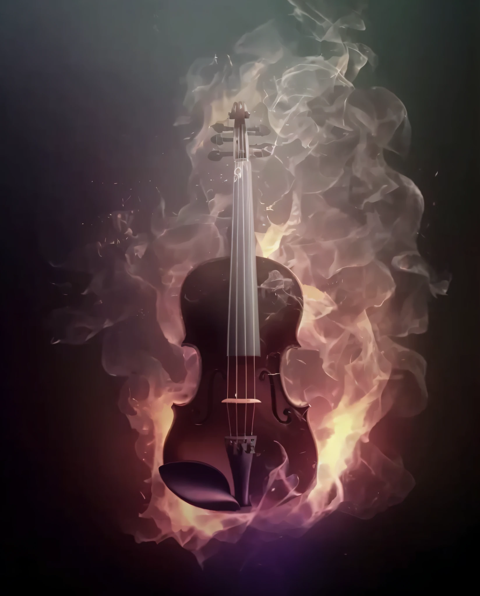 a violin is in the middle of a fire with a black flame around it, fantasy violin, (fantasy violin), violin, fiery atmosphere, on fire, mobile wallpaper, completely consisting of black fire, fire and smoke, music poster, background artwork, spectacular composition, music in the air, musical instrument, beautiful fire, the god of music, badass composition, awesome greate composition, black, black fire, black smoke, black flame, black and white flame