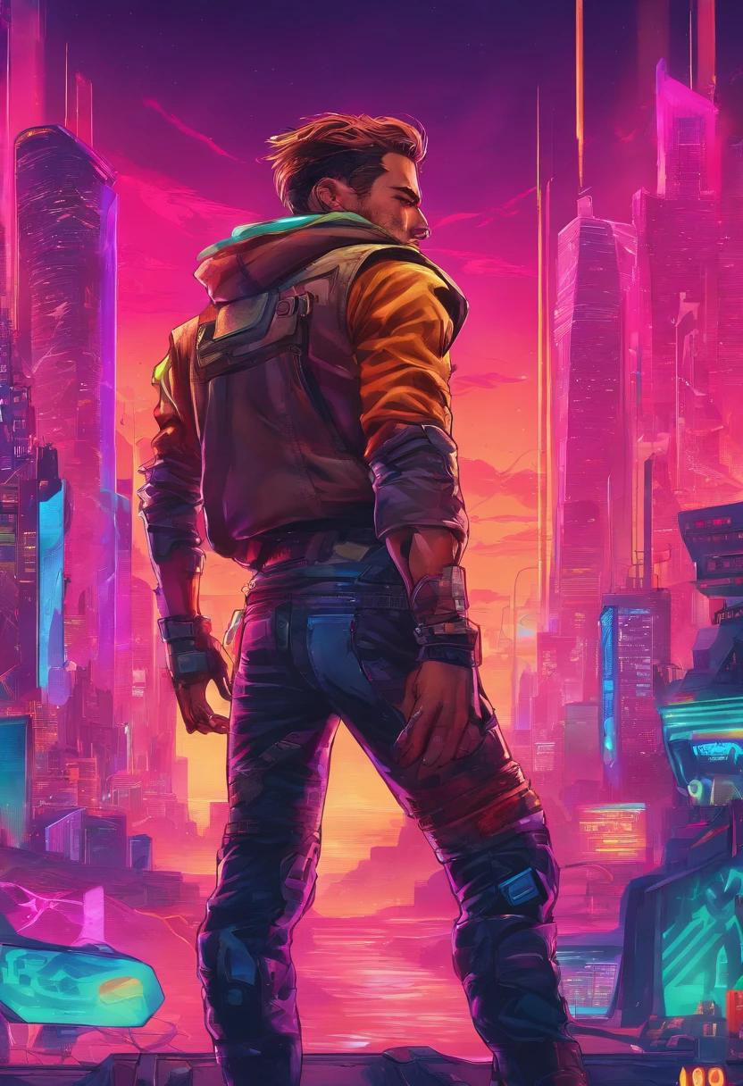 (best quality, highres, ultra-detailed, realistic:1.37), male with brown ponytail, has a light beard, wearing a sleeveless hoodie, mecha arms with crackling energy, superhero aesthetic, detailed facial features, intense expression, muscular physique, futuristic city backdrop, dynamic pose, vibrant colors, strong shadows, dramatic lighting
