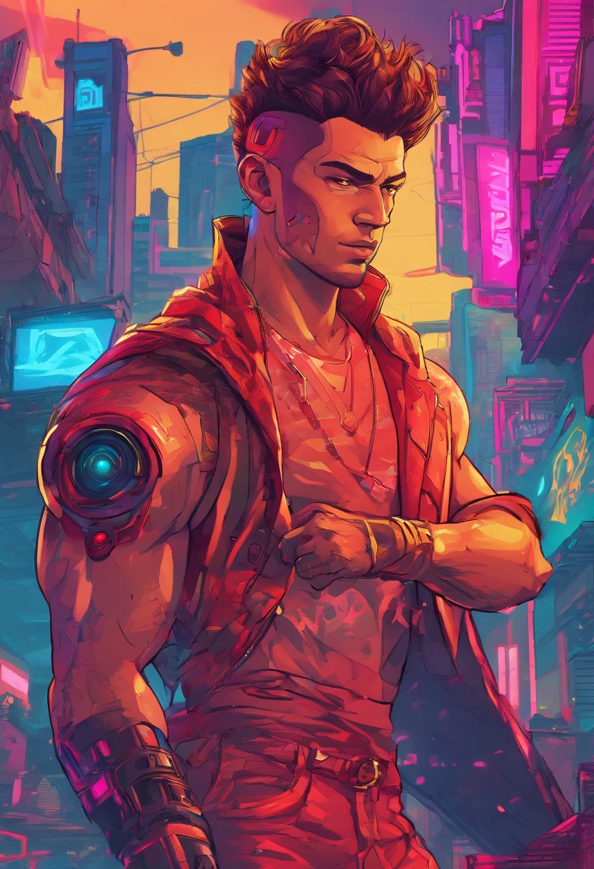 (best quality, highres, ultra-detailed, realistic:1.37), male with brown ponytail, has a light beard, wearing a sleeveless hoodie, mecha arms with crackling energy, superhero aesthetic, detailed facial features, intense expression, muscular physique, futuristic city backdrop, dynamic pose, vibrant colors, strong shadows, dramatic lighting