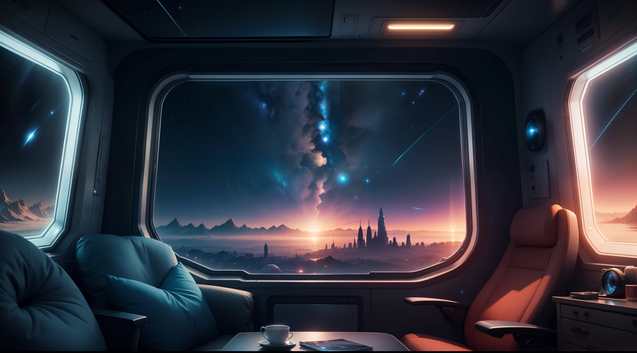 relaxing scene, lofi, view from a starship's window, ultrarealisitc, 8k, detailed, space, stars, universe, big windows, stuffs, planet, deepspace, calming, futuristic