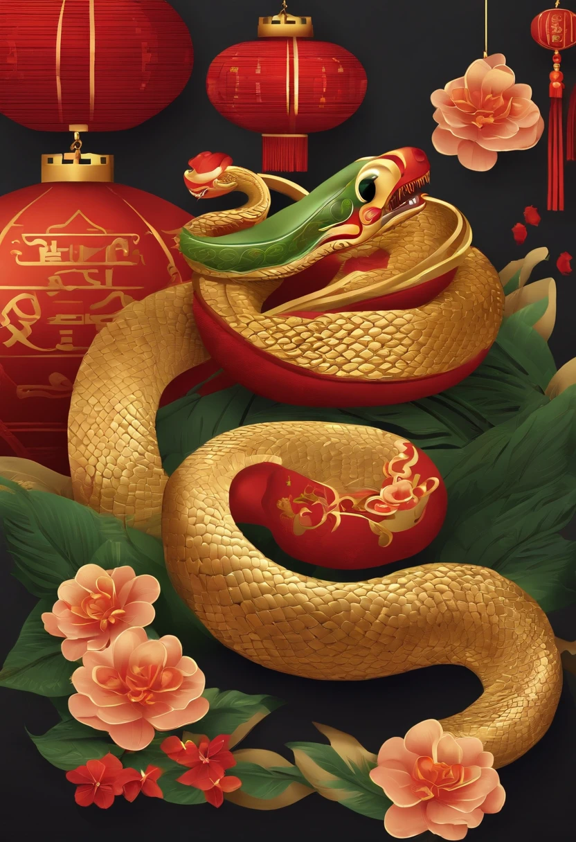 Chinese New Year,Year of the Snake,adolable,Golden, green, red,cartoony,Flat illustration style,، simple,Non-realistic,Commercial posters,There are decorations around,delight
