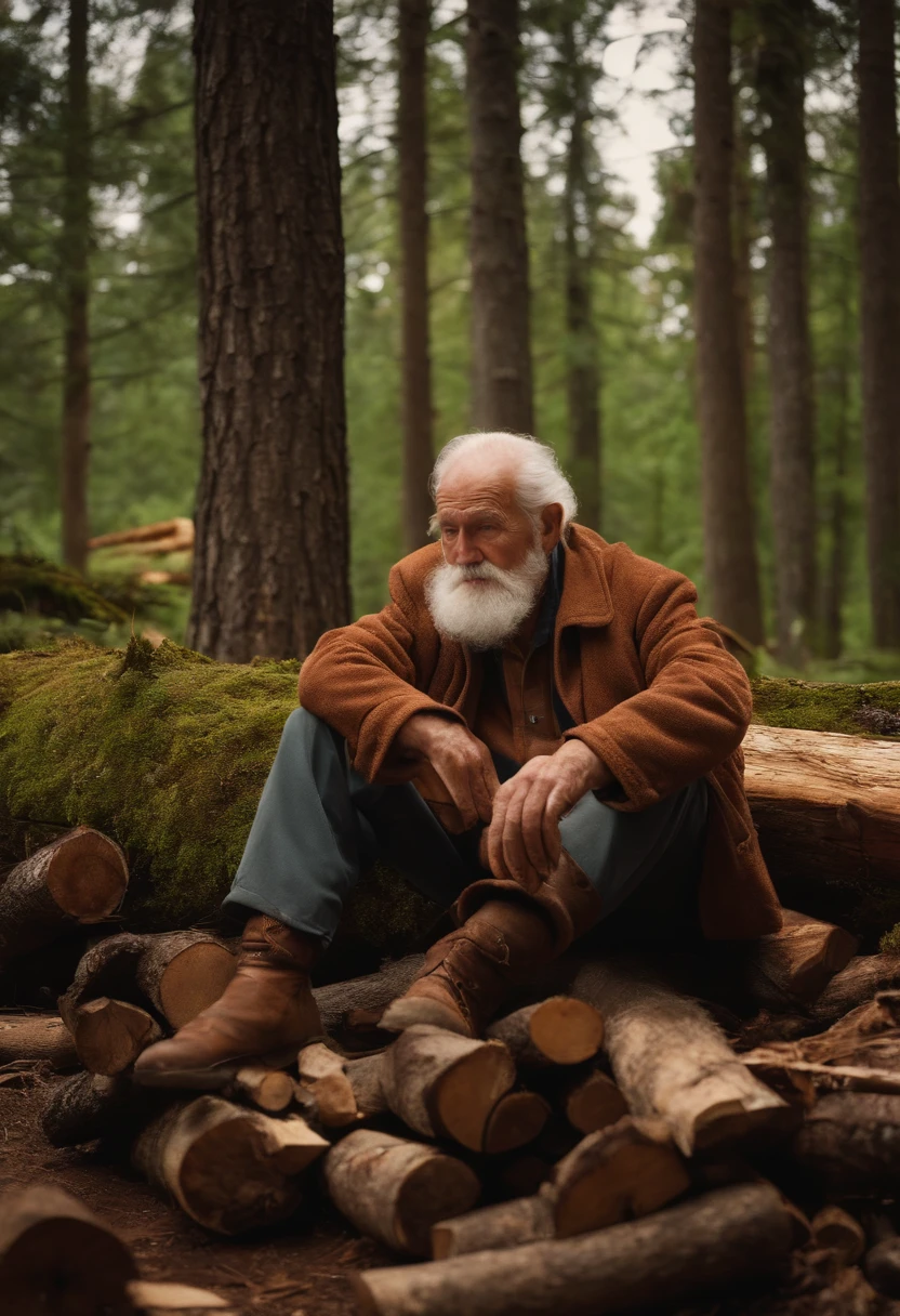 elderly lumberjack; sir resting; old man sitting; older man in the forest; elderly lumberjack;
gentleman near woodpile