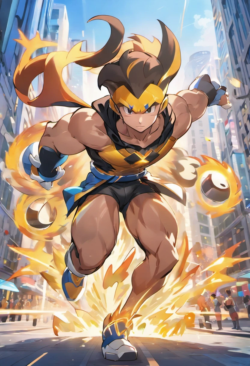 (best quality, highres, ultra-detailed, realistic:1.37), male with brown ponytail, has a light beard, wearing a sleeveless hoodie, mecha arms with crackling energy, superhero aesthetic, detailed facial features, intense expression, muscular physique, futuristic city backdrop, dynamic pose, vibrant colors, strong shadows, dramatic lighting