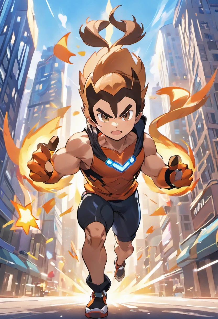 (best quality, highres, ultra-detailed, realistic:1.37), male with brown ponytail, has a light beard, wearing a sleeveless hoodie, mecha arms with crackling energy, superhero aesthetic, detailed facial features, intense expression, muscular physique, futuristic city backdrop, dynamic pose, vibrant colors, strong shadows, dramatic lighting