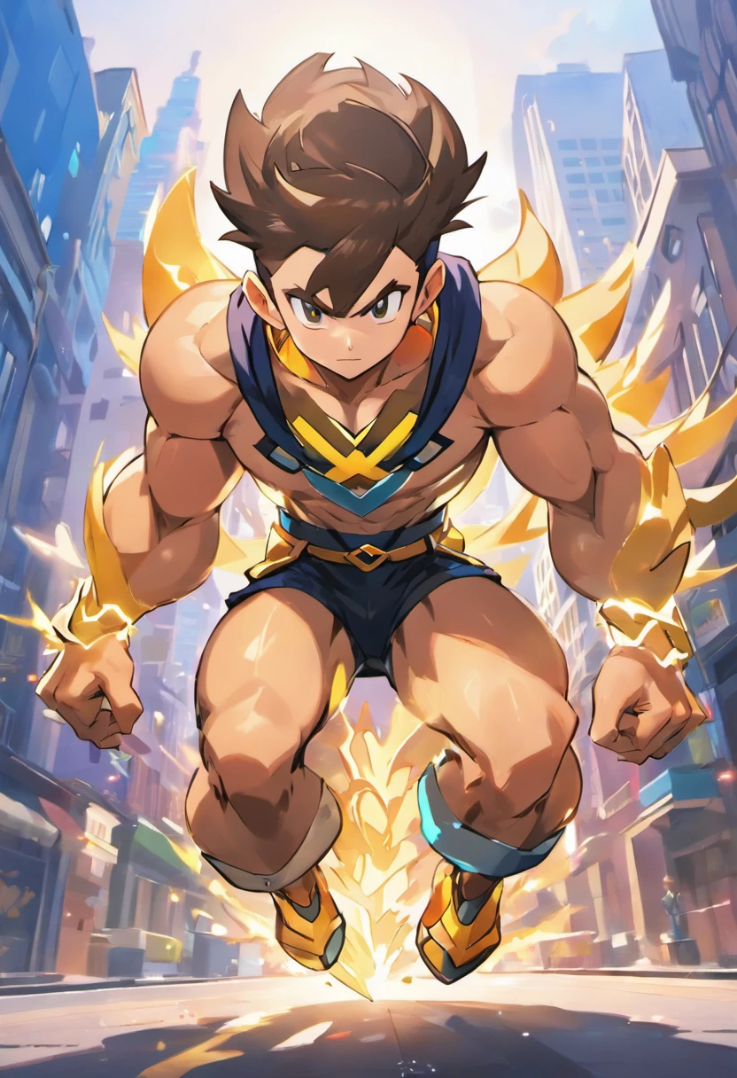 (best quality, highres, ultra-detailed, realistic:1.37), male with brown ponytail, has a light beard, wearing a sleeveless hoodie, mecha arms with crackling energy, superhero aesthetic, detailed facial features, intense expression, muscular physique, futuristic city backdrop, dynamic pose, vibrant colors, strong shadows, dramatic lighting