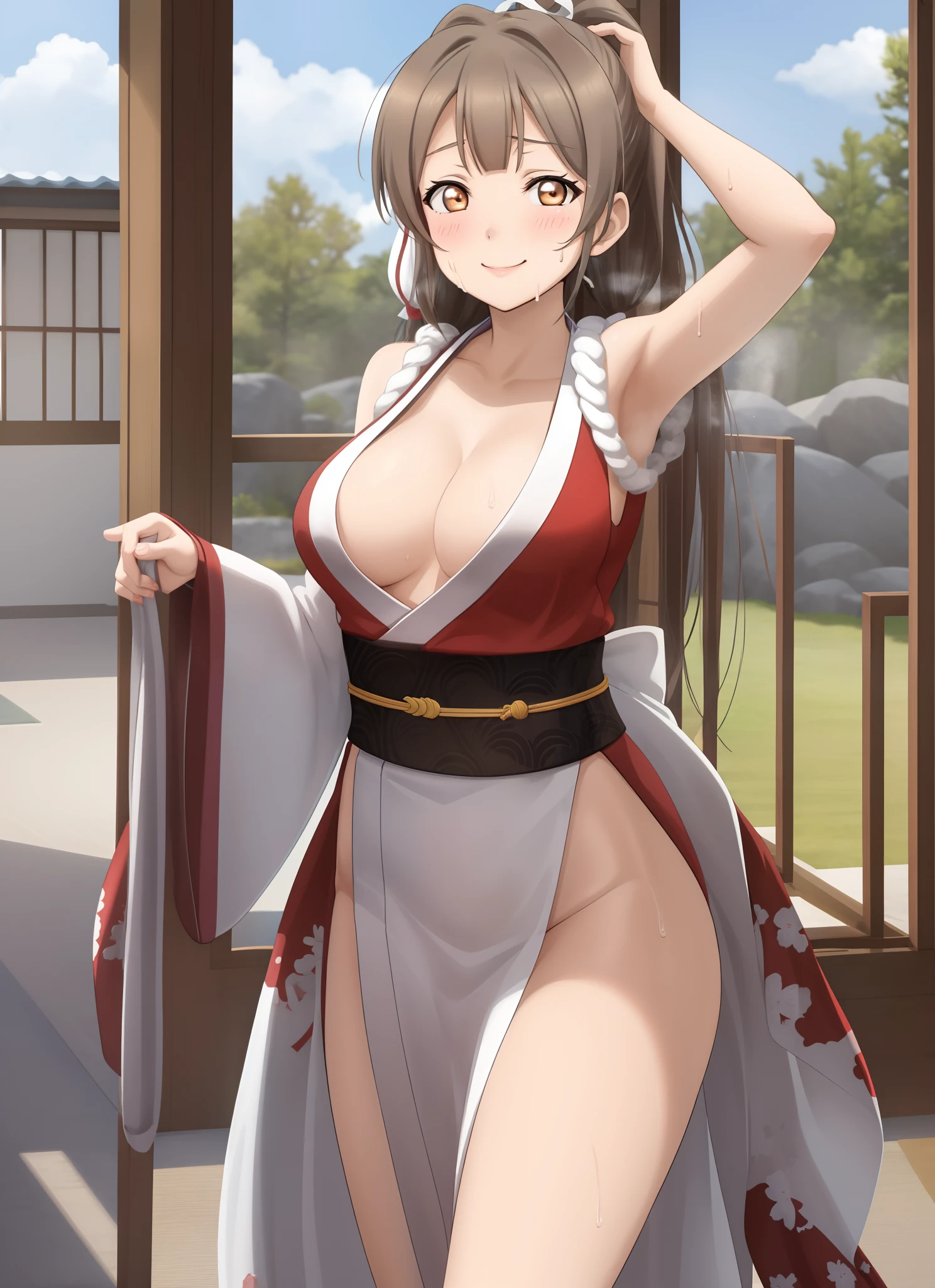 masterpiece, best quality, minami kotori, kunoichi dress, large breasts, curvy body,smile, cowboy shot , BREAK dojo, japanese architecture, llchar, sweating, soaked in sweat