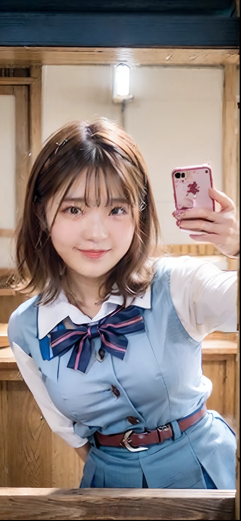 Alafed woman taking selfie with mobile phone in classroom、8K selfie photo、anime thai girl、Portrait of a girl、Wearing a uniform、Young woman selfie、young cute wan asian face、Wearing the principal's uniform、Selfie with straight angle、gentle face、Round face Southeast Asian、Nivanchantara、🤤(((((large full breasts)))))、a smile、taut breasts、Japan student、Japanese student uniform、Braided hair