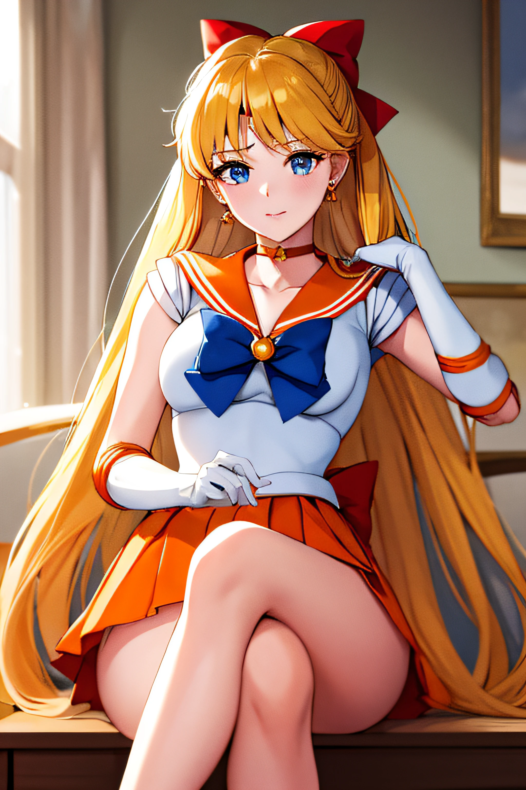 masterpiece, best quality, highres, venus1, 1girl, solo, sailor senshi uniform, sailor venus, aino minako, blonde hair, magical girl, blue eyes, orange skirt, elbow gloves, tiara, pleated skirt, hair bow, orange sailor collar, miniskirt, choker, red bow, orange choker, white gloves, very long hair,  jewelry,  earrings, sitting, crossed legs,