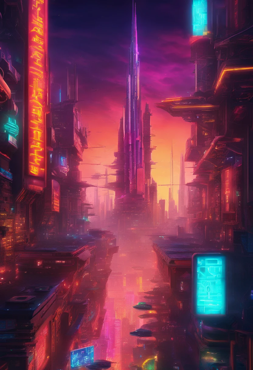A city with neon lights and a street sign in the middle - SeaArt AI