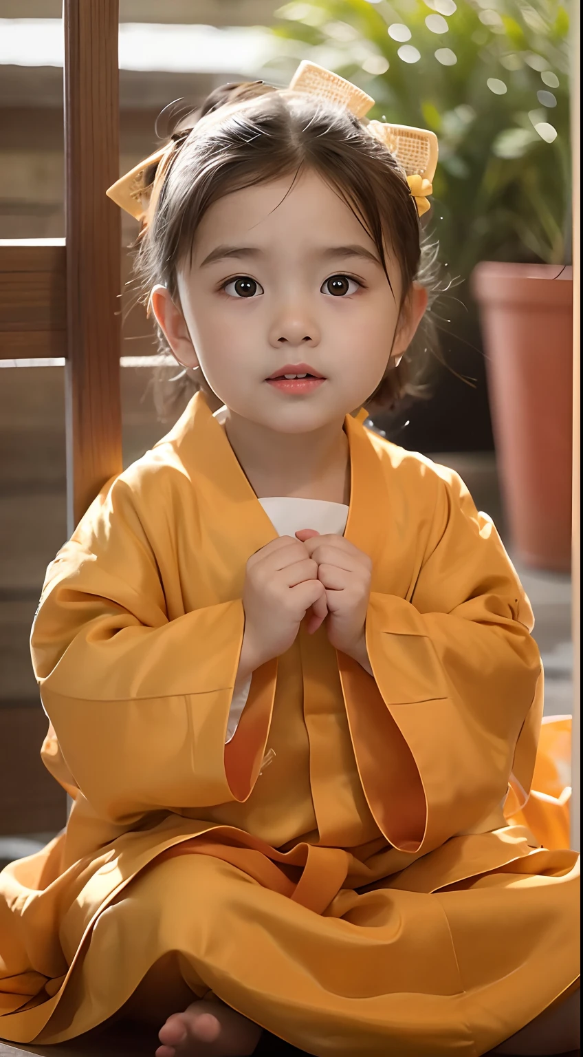 Close-up of a child in a yellow robe sitting on the floor, with yellow cloths, Palace ， A girl in Hanfu, Cute and lovely, dressed in simple robes, Chinese girl, Young Asian girl, orange robe, Traditional Chinese clothing, Cute young girl, Yellow robe, young goddess, Korean girl, Very cute and childlike, Cute little girl, Chinese costume