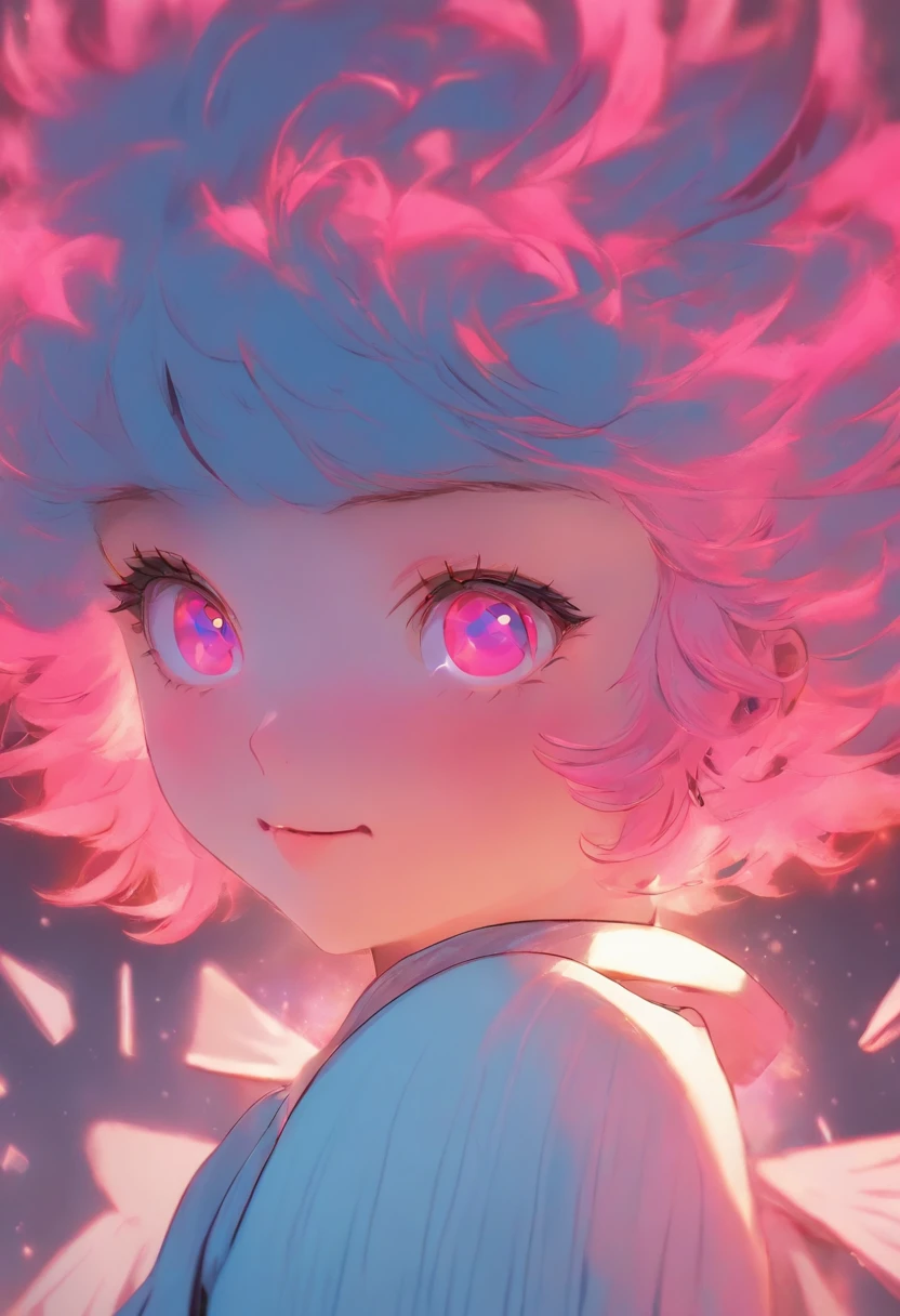 Ski style, 1girll, Solo, Pink hair, Animal ears, Blue eyes, Wings, view the viewer, dark mole, bangs, Short hair, bow, Sailor collar, Simple background, White sailor collar, Moles under the mouth, Hair accessories hair bye, Pink bow, Closed mouth, shirt, White shirt, Bear ears, Bob cut, mini wings, greybackground, Portrait, detached wings, Makeup, Upper body, White background