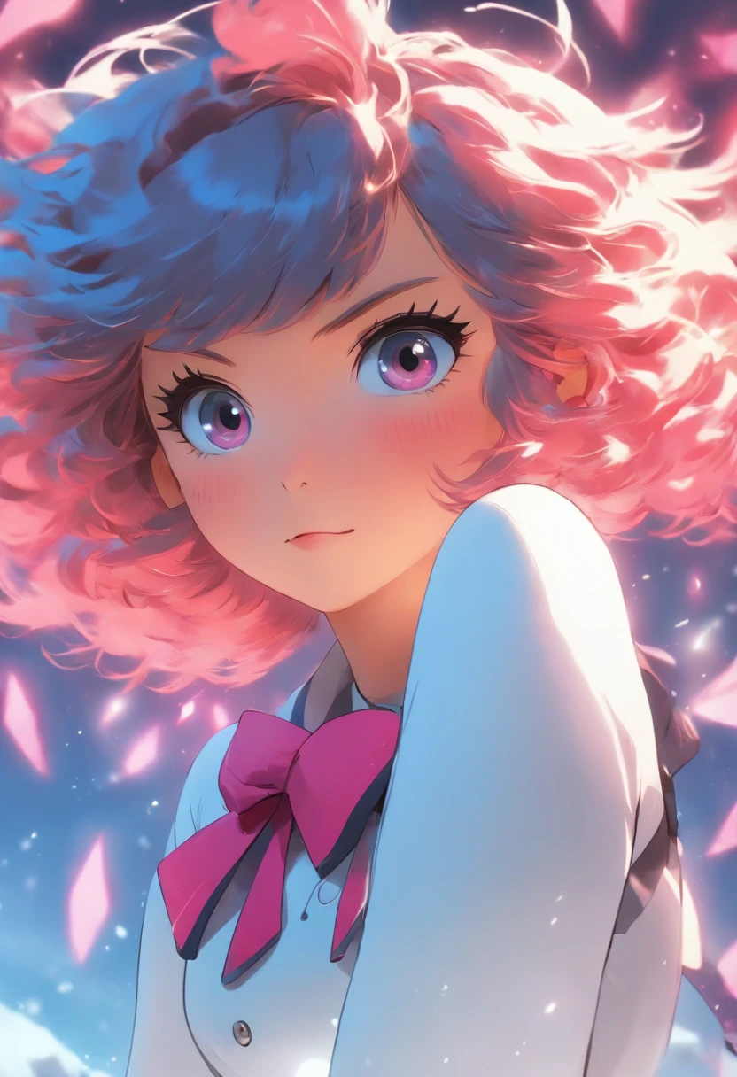Ski style, 1girll, Solo, Pink hair, Animal ears, Blue eyes, Wings, view the viewer, dark mole, bangs, Short hair, bow, Sailor collar, Simple background, White sailor collar, Moles under the mouth, Hair accessories hair bye, Pink bow, Closed mouth, shirt, White shirt, Bear ears, Bob cut, mini wings, greybackground, Portrait, detached wings, Makeup, Upper body, White background