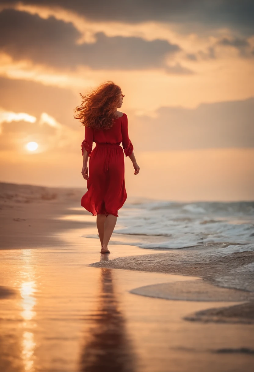 A cute young mother with curly red hair, wearing a summer dress, walking along a beach at sunset. The waves are gently crashing, and she looks happy and content.
