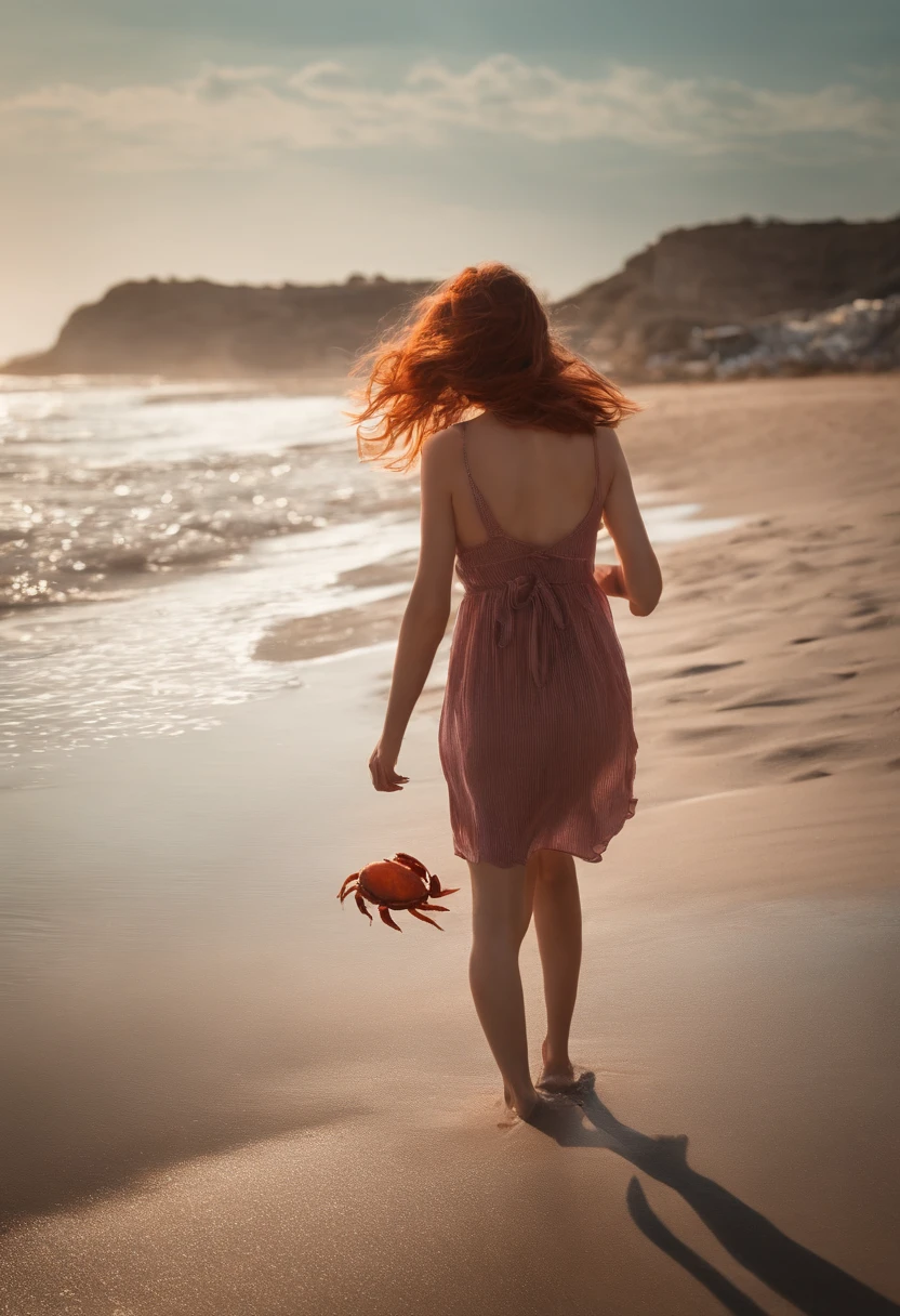 A girl walking on the beach,There is a small crab,red tinted hair