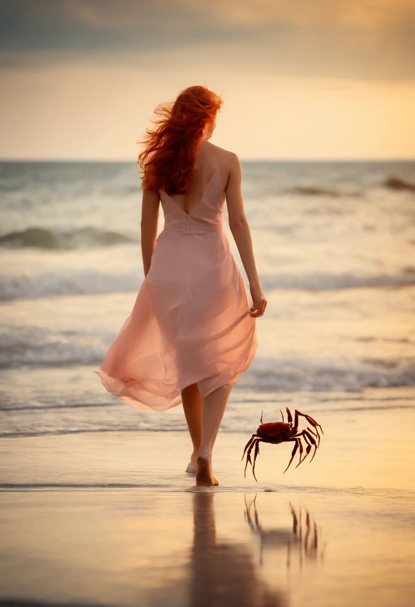 A girl walking on the beach，There is a small crab，red tinted hair