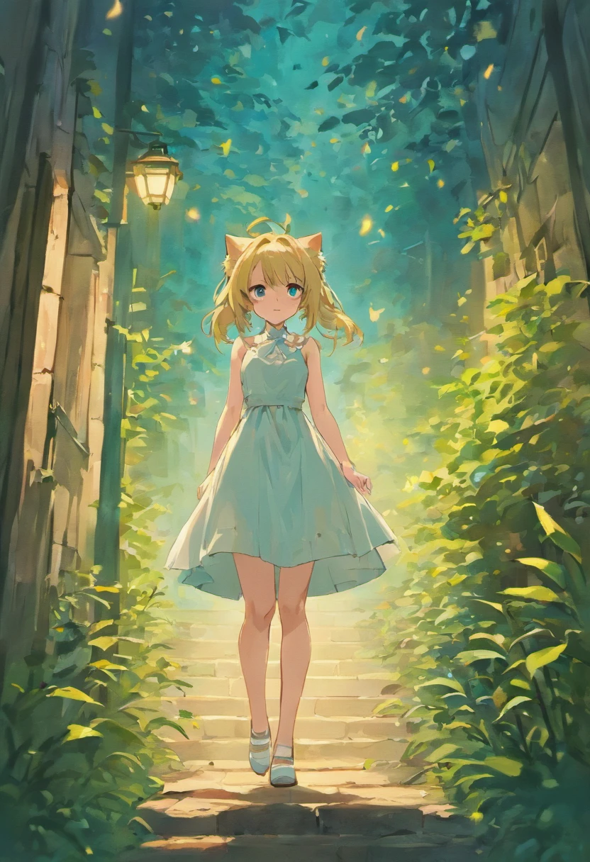 wolf women, anime full body illustration,Cat-eared girl in white dress standing in garden, Break,(((Sleeveless))),1girl with long hair and dress, 1 girl is taking to lavatory, looks away, standing, Embarrassed, Blush,Red hair and red eyes, Keep one's mouth shut, street (girl is peeing self:0.4)