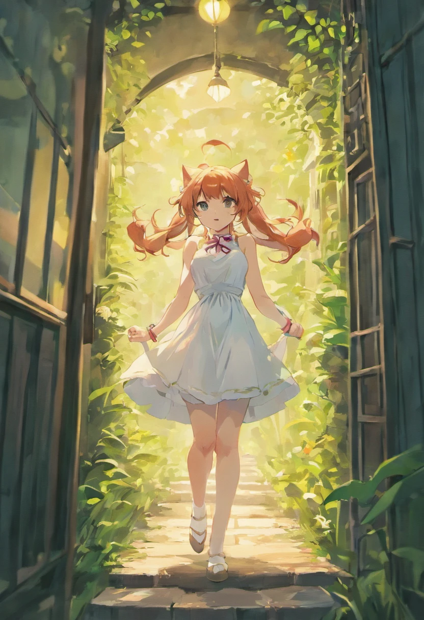 wolf women, anime full body illustration，Cat-eared girl in white dress standing in garden, Break，(((Sleeveless)))，1girl with long hair and dress, 1 girl is taking to lavatory, looks away, standing, Embarrassed, Blush,Red hair and red eyes, Keep one's mouth shut, street (girl is peeing self:0.4)