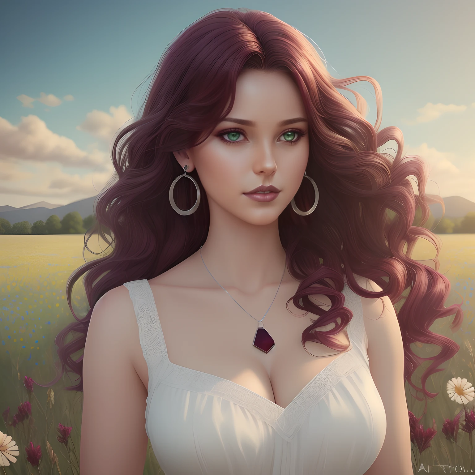 Realistic woman posing for a photo, looking at camera,(((wavy burgundy hair))), (light green eyes), hair with many details, beautiful sensual neckline, medium breasts, 8k artgerm bokeh, fanart best artstation, render photorealistic girl, guweiz-style art, inspired by WLOP, ig model | artgerm, detailed portrait of realistic girl, stunning portrait of realistic face, beautiful portrait, deviantart artstation cgscosiety, ((full body)), ((wearing a white sundress standing in a field of wildflowers)), (silver earrings and a silver necklace)