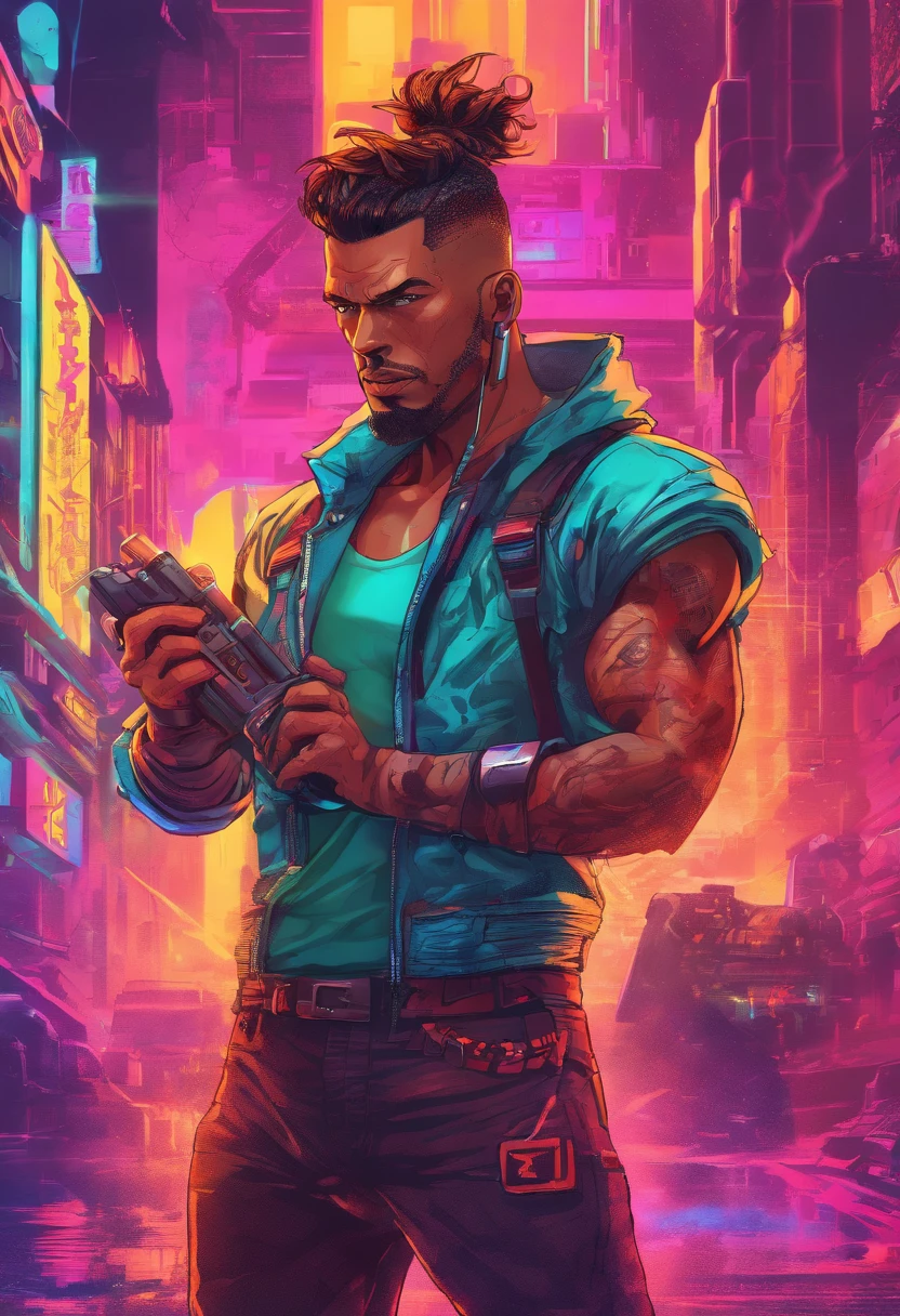 (best quality, highres, ultra-detailed, realistic:1.37), male with brown ponytail, has a light beard, wearing a sleeveless hoodie, mecha arms with crackling energy, superhero aesthetic, detailed facial features, intense expression, muscular physique, futuristic city backdrop, dynamic pose, vibrant colors, strong shadows, dramatic lighting