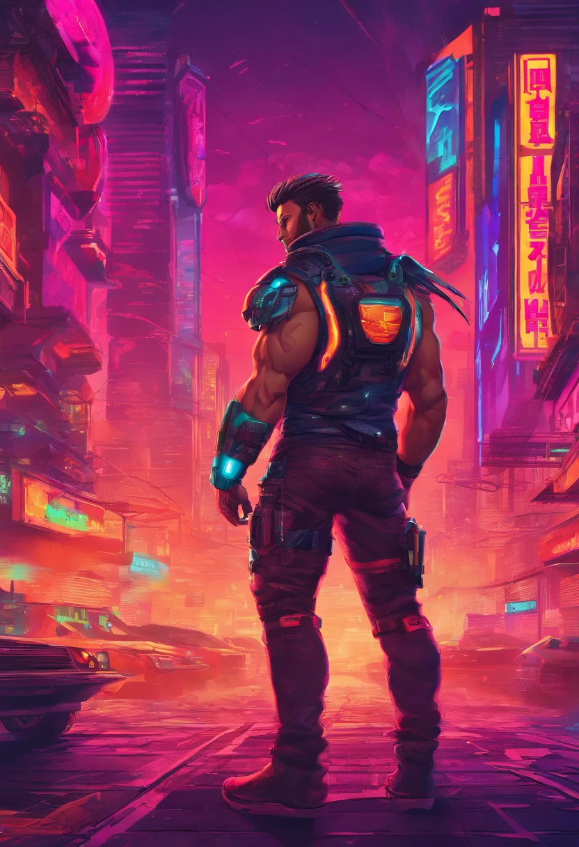 (best quality, highres, ultra-detailed, realistic:1.37), male with brown ponytail, has a light beard, wearing a sleeveless hoodie, mecha arms with crackling energy, superhero aesthetic, detailed facial features, intense expression, muscular physique, futuristic city backdrop, dynamic pose, vibrant colors, strong shadows, dramatic lighting