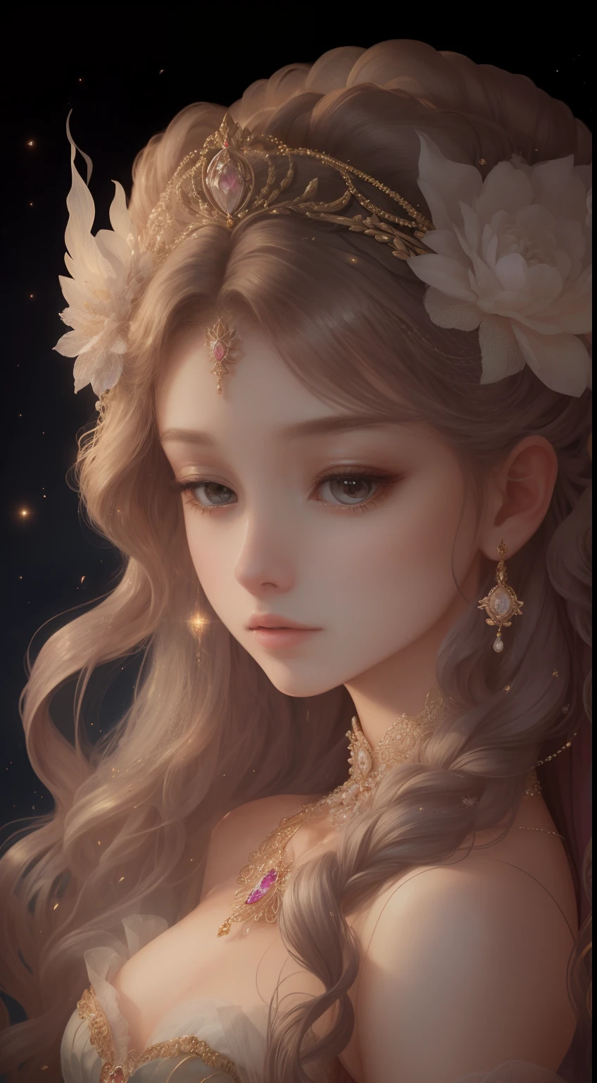 tmasterpiece，Highest high resolution，Soft lighting，Beautiful aristocratic maiden，Delicate coiled hair，curlies，Shining clear eyes，The hair is covered with beautiful and delicate floral jewelry craftsmanship, crystal、diamond jewelly，Ultra-detailed details，upscaled。Pastel, Dreamy, Whimsical, Delicate, Gorgeous golden shell crown, Epic surrealism, The upper part of the body，Meticulous, extremely hyper aesthetic，upscaled