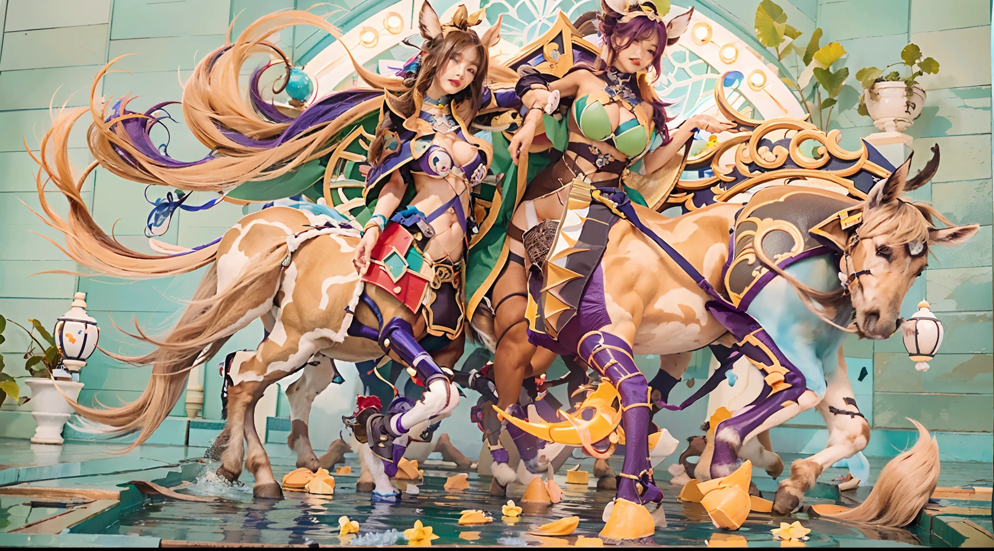In the beautiful illustration of this super-grand scene，The ultra-long-range lens is shown（Over eight unique centaur characters：9.9），They all have their own characteristics，Vivid and interesting。Radiant angelic centaurs from the heavenly realm，To the hellish centaurs surrounded by nightmarish flames，And then to the Wind Fairy Centaur dancing in the air，There are also one-horned centaurs surrounded by thunder and lightning，and mechanical centaurs that shine with metallic light，And then to the powerful dragon centaur with colored dragon scales covering the whole body，The elegant and agile elf centaur always wears a flower crown with its slender graceful lines，Enchanting and charming Tiflin centaurs。Each character has their own unique charms and abilities。The illustration uses advanced artistic techniques and tools，（Divide the scene into sections by geometric arrangement：9.9），Each section corresponds to a centaur character，This makes more efficient use of space。Through Midjourney's advanced brush tools、Color palette、Material packs and model packs，For each centaur, beautiful props are designed to increase racial characteristics、Clothing and physical features，Enhances the character's personality and visual appeal。The scenery in the illustrations is stunning，There are changing skies、rainbowing、extreme light、Stars and Moon。Incorporating iconic landmarks such as Mount Everest，and fireworks、tranquil lake、Natural and urban elements of waves and neon lights，Creates a magical atmosphere。The centaurs display their unique abilities and equipment in a variety of environments，This is true even in extreme alien landscapes。（Use Midjourney's tools、Material packs、Texture tools、The color palette makes depicting details vivid and realistic：9.9），From complex hairstyles and as well as different racial traits、Body、Appearance features、Clothing to real textures，This greatly enhances the realism of the characters and surroundings。The fusion of multiple art styles adds movement to the centaur's