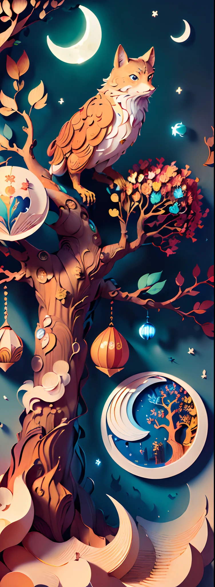 (((((((masterpiece))), better quality, illustrations, beautiful details shine,
paper_cut, details, tree, moon, colorful, cheerful