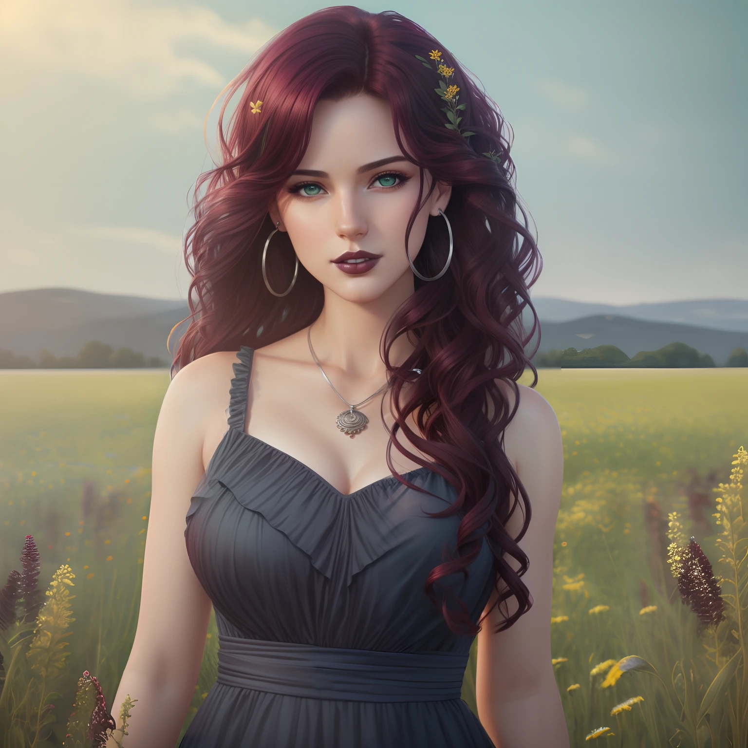 Realistic woman posing for a photo, looking at camera,(((wavy burgundy hair))), (light green eyes), hair with many details, beautiful sensual neckline, medium breasts, 8k artgerm bokeh, fanart best artstation, render photorealistic girl, guweiz-style art, inspired by WLOP, ig model | artgerm, detailed portrait of realistic girl, stunning portrait of realistic face, beautiful portrait, deviantart artstation cgscosiety, ((full body)), ((wearing a navy sundress standing in a field of wildflowers)), (silver hoop earrings and a silver necklace)