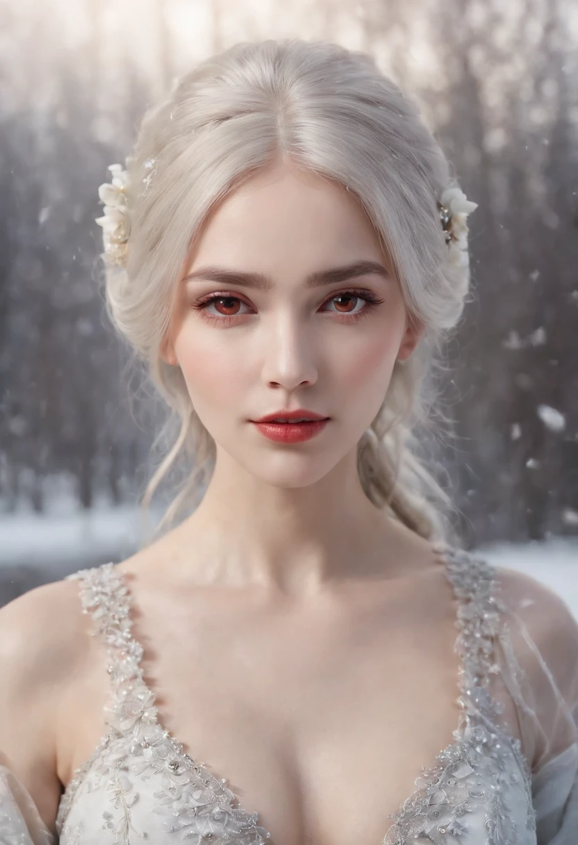 {{Masterpiece}},Best quality,Highly detailed,Extremely detailed Cg Unity 8K wallpaper,Illustrate traction, 1girll, Red eyes, Wavy silver hair, Pointy ears, Vampire, dress, necklace, hair flower, Snow, Ice, full bodyesbian, Shot,high close up, Highly detailed,center framing,Sharp focus, view the viewer, floated hair,