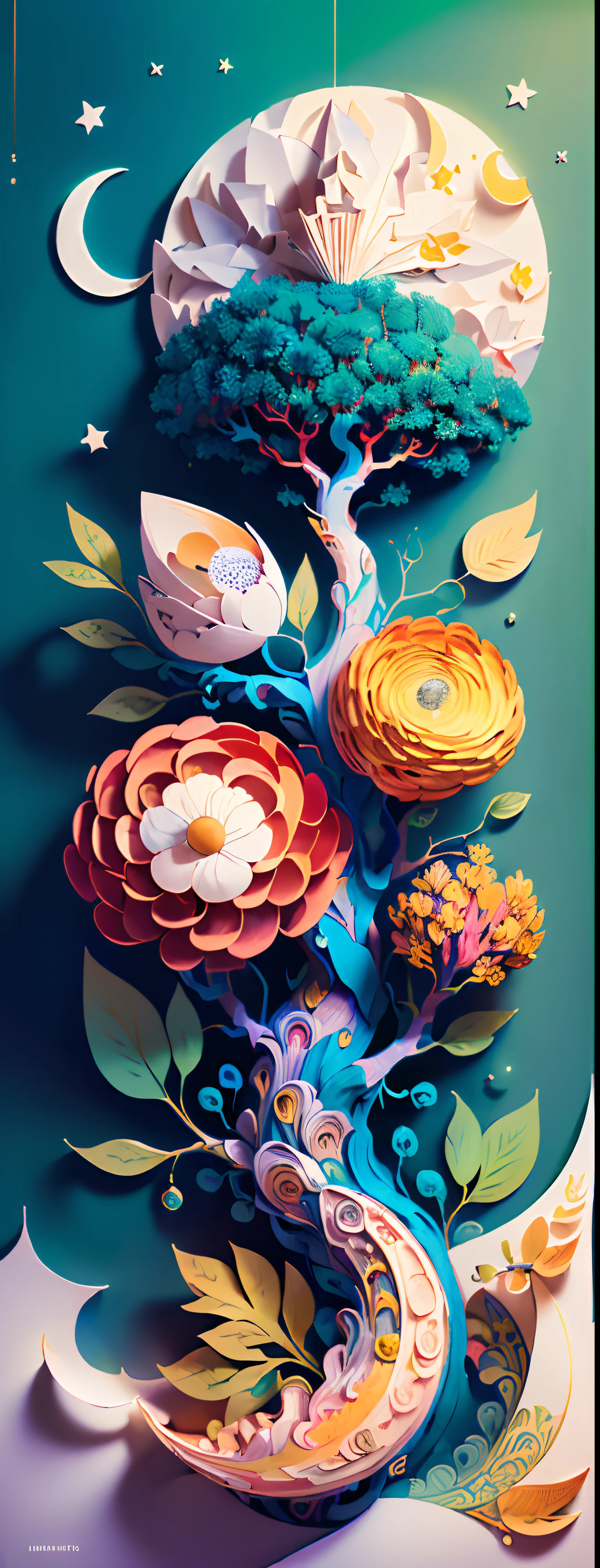 (((((((masterpiece))), better quality, illustrations, beautiful details shine,
paper_cut, details, tree, moon, colorful, cheerful