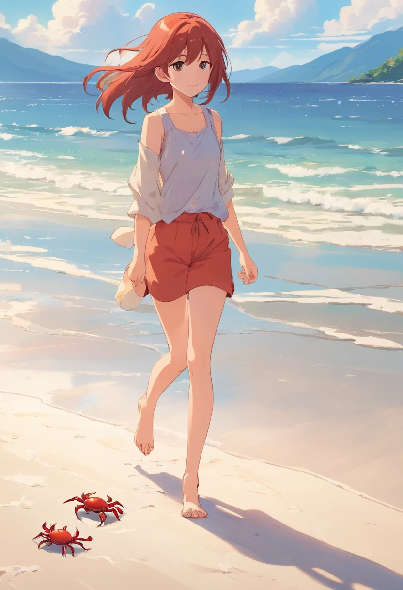 A girl walking on the beach，There is a small crab，red tinted hair，Walk barefoot