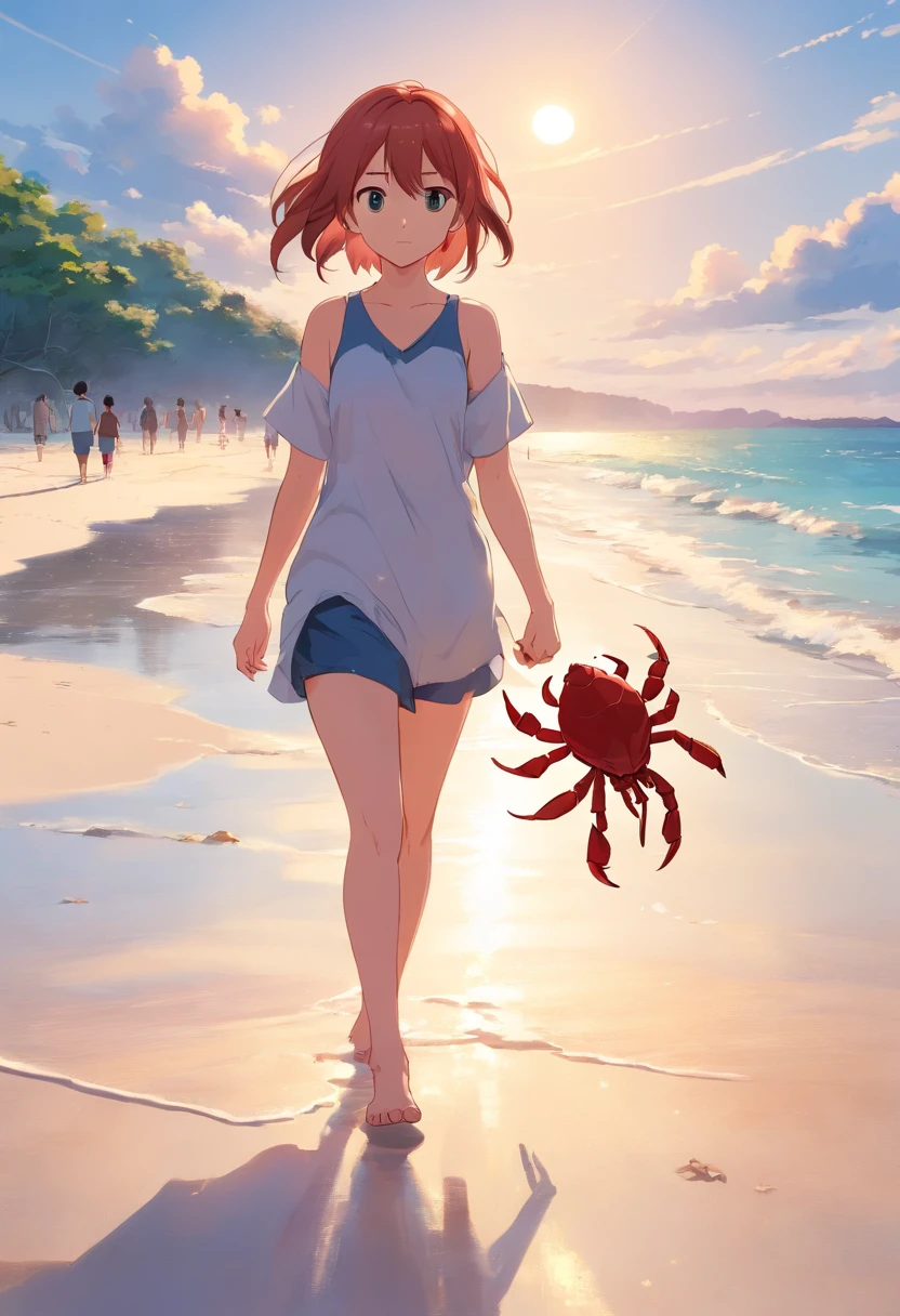 A girl walking on the beach，There is a small crab，red tinted hair，Walk barefoot