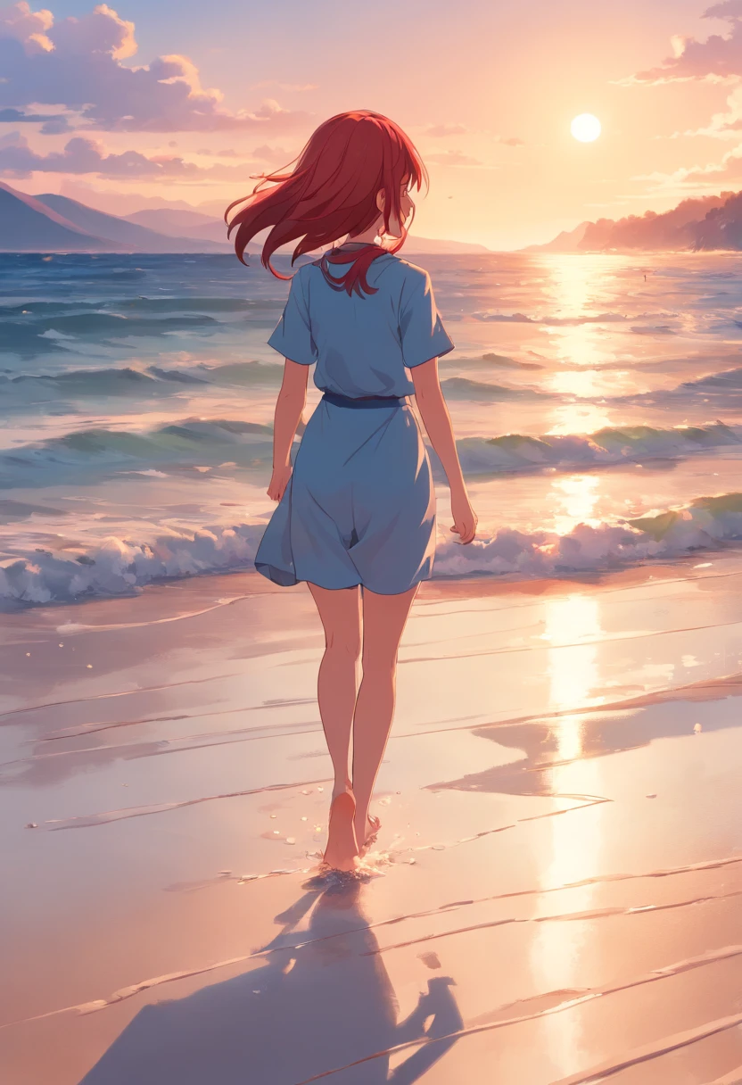 A girl walking on the beach，There is a small crab，red tinted hair，Walk barefoot