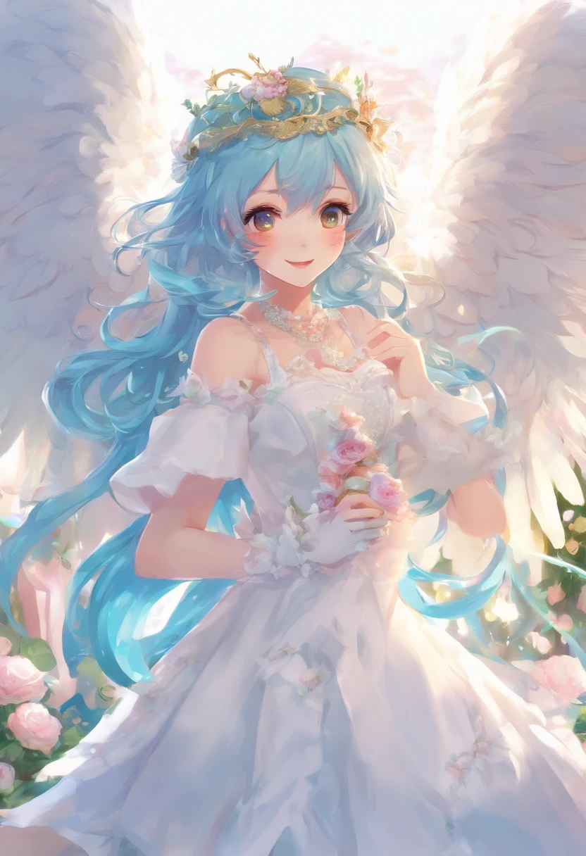 breathtalking Scenery, breathtalking Beauty, breathtalking Cute,scenery, (best quality, masterpiece:1.2), (ultra high quality:1.2),smooth soft skin, natural skin,watercolor,
BREAK
20 years old, (large breasts:1.3),(highlight in eyes:1.3),Excessive detailed skin,Oily skin,smile,(ultra cute face:1.1),(alluring physique:0.8),(Clione girl),coquettishly,slender
BREAK
(Long wavy hair:1.3), (Light blue hair:1.3),(pearlwhite angel wings round fold:1.5),(garnet eyes:1.2),wings round close, (angel wings inspired by ice and snow),shiny skin,(large intake hairstyle),intake,
BREAK
(Perfect red Heart shaped angel halo:1.4),Heart shaped red angel halo of light,(Heart mark angel halo:1.5),(Heart shaped pendant:1.1),
BREAK
white dress inspired by sea ripples and seaweed,wears transparent dress evoking the waves, Elaborate accessories crafted from sea jewels,pale blue dress inspired by ice,dress inspired by snow,(Sash:1.2),red Sash with red heart shaped gem,
BREAK
(Hands holding flower bouquet:1.1),(Finger behind the bouquet:1.3), (Hands behind the bouquet:1.3),Ultra detailed flowers, (flowers background:1.1), Falling petals,celebration,Congratulations,(blush:1.2),Confetti,Twinkle Star,Starshine,bloom effect, bow ribbon,Leaf carpet,smile,dust particles,dynamicangle,,kawaii,outdoors,flowergarden,flowerbackground,tiffany,Create a mesmerizing display of power and beauty,