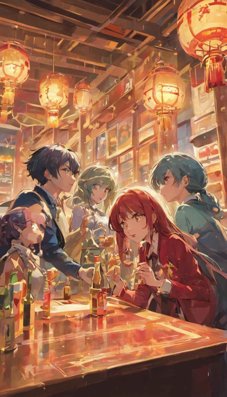 Scene of a group of good friends drinking at a long wine table,The wine table extends to the Chinese-style building bar in the middle of the picture,Surrounded by modern high-rise buildings,C4D,Above there are zodiac rats,fisheyelens,Perspective effect,Hyper-detailing,Advertising design