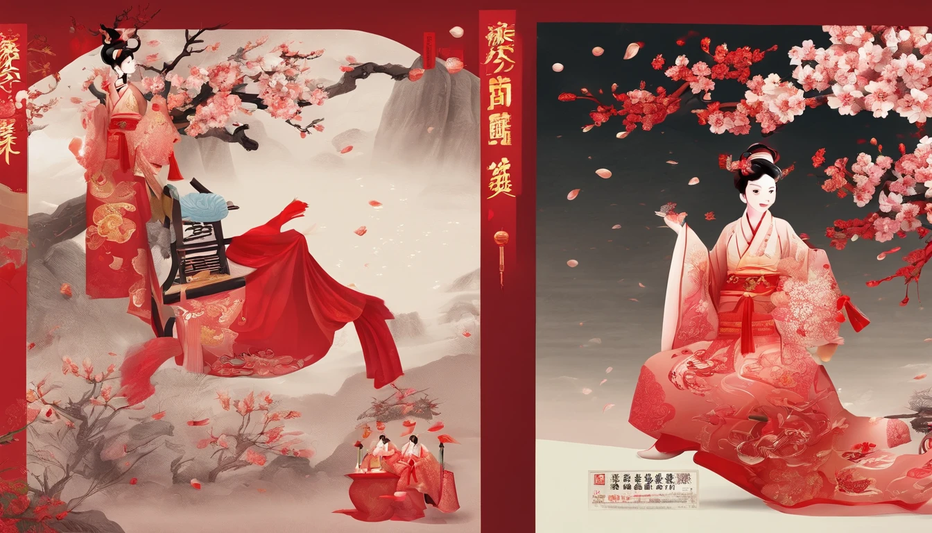 In the plum grove，Falling petals and snow are the background，Bright lighting，The zodiac cow is the subject，Wear accessories with Tang dynasty elements，Red firecrackers，Chinese knot