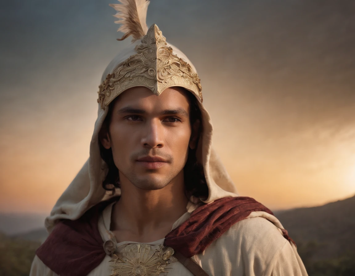 Realistic, 4k, Um anjo com grandes asas, uma espada, A hood over his head in the background image of paradise (celestial)